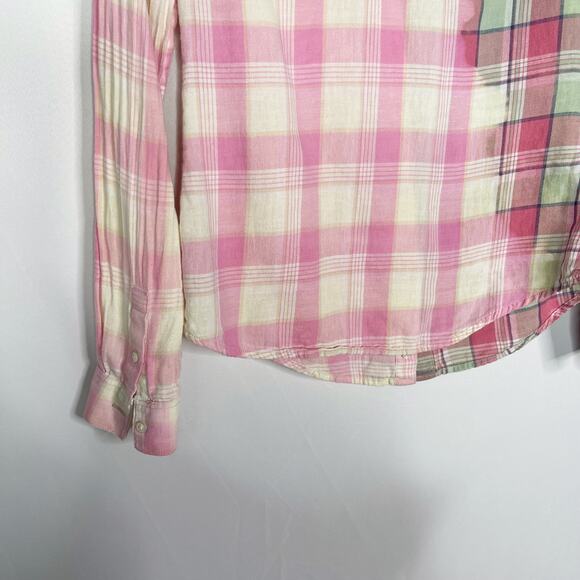 James Perse Womens 1 Small S Pink Bleached Plaid Button Up Shirt Cotton Linen - Picture 8 of 12